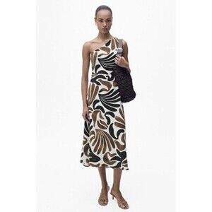 MANGO MNG One Shoulder Midi Dress Size 18 Plus Abstract Print Brown Summer Boho